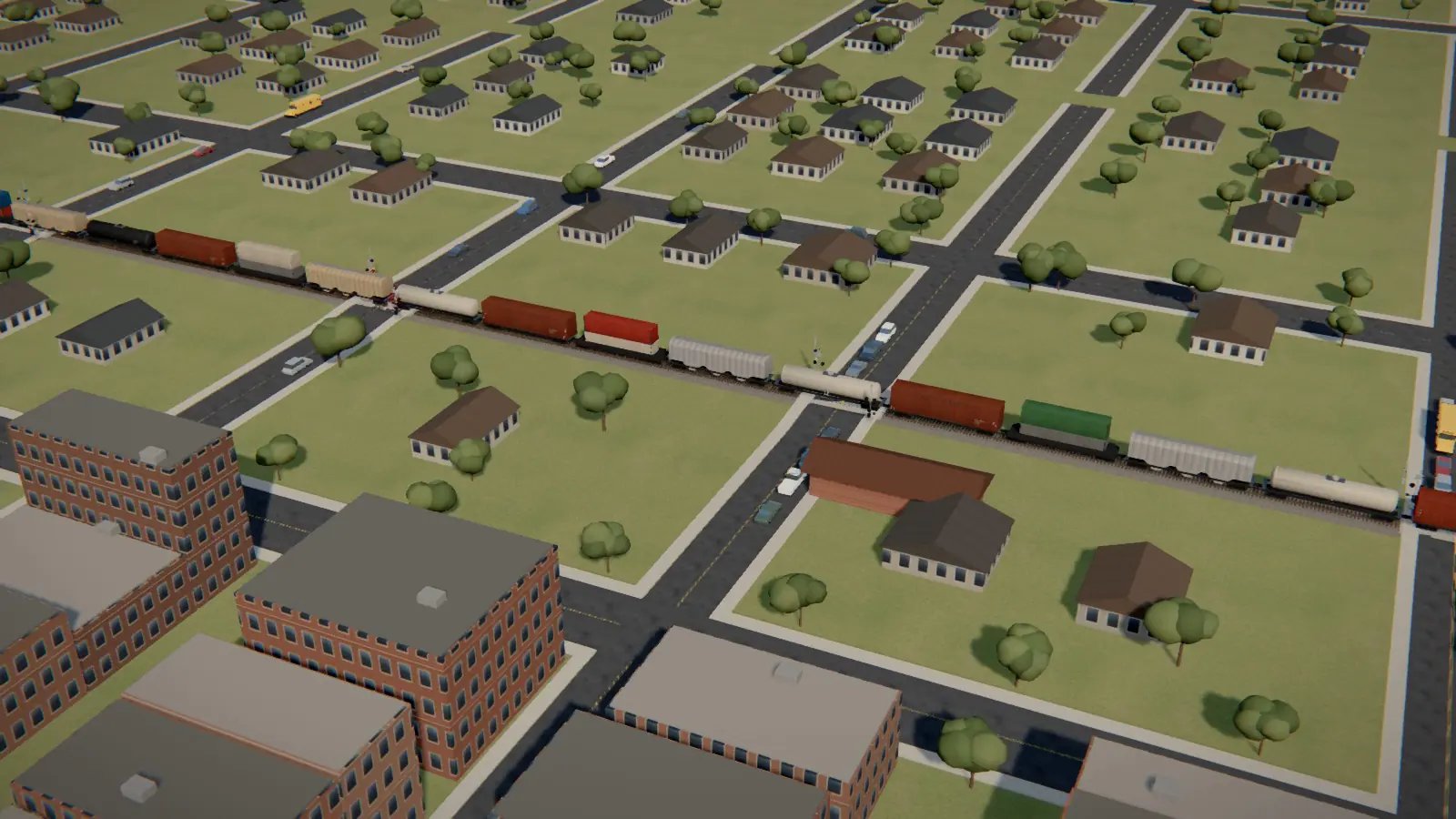 Still from the 3D film: a long freight train stopped across downtown Norman with traffic waiting at the gates