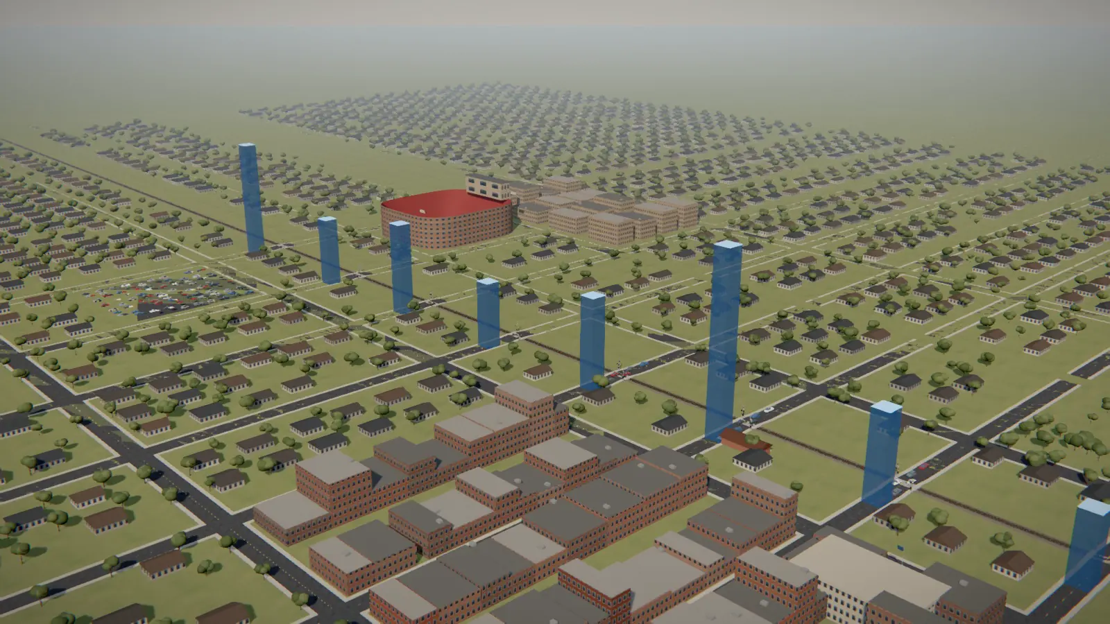 Still from the 3D film: bars of blocked minutes rising over each crossing on a map of Norman