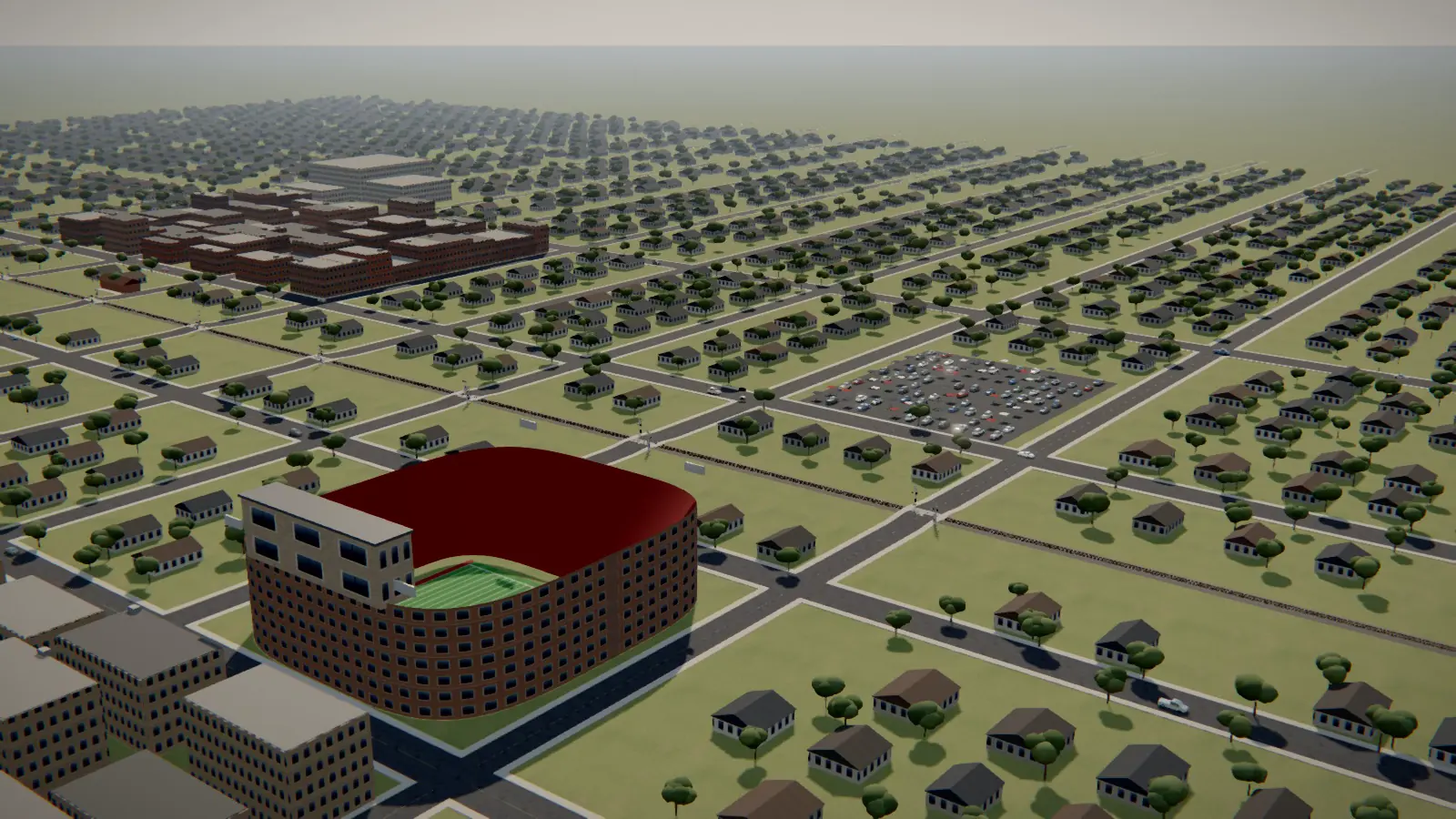 Still from the 3D film: an aerial view of the stadium, campus streets and tailgate lots in Norman on a gameday