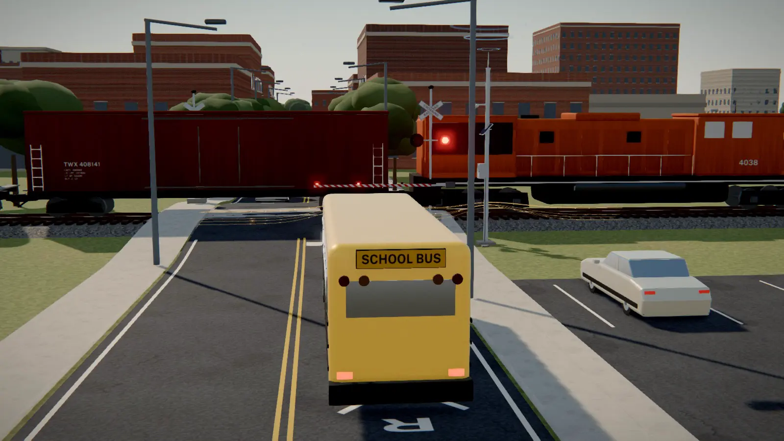 Still from the 3D film: a freight train stopped across a downtown crossing with the signals flashing, and a school bus and a car waiting at the stop line.