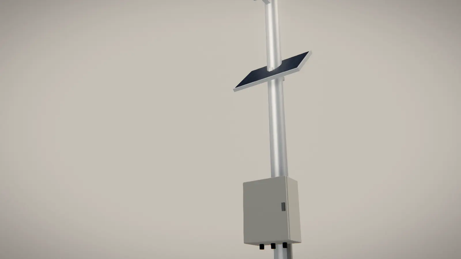 Still from the 3D film: the Trainwatch node on its pole, with a solar panel and a sealed equipment enclosure.